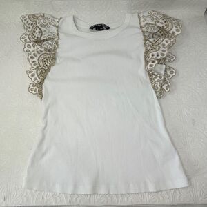 Veronica Beard White Light Khaki Ribbed Ruffled Eyelet Sleeve Julianka Top Small